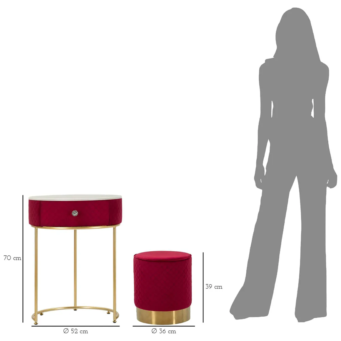 Toeletta Rosso oro un Cassetto Rivestimento in Velluto Trapuntato 52x52x70h cm, Materiale Struttura in Metallo - Mbale