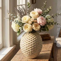 Oggettistica > Dmora Vaso Beige oro Finitura Geometrica a Rilievo Colore Struttura oro, Diametro 8.5 cm - Dabari Oro, Beige
