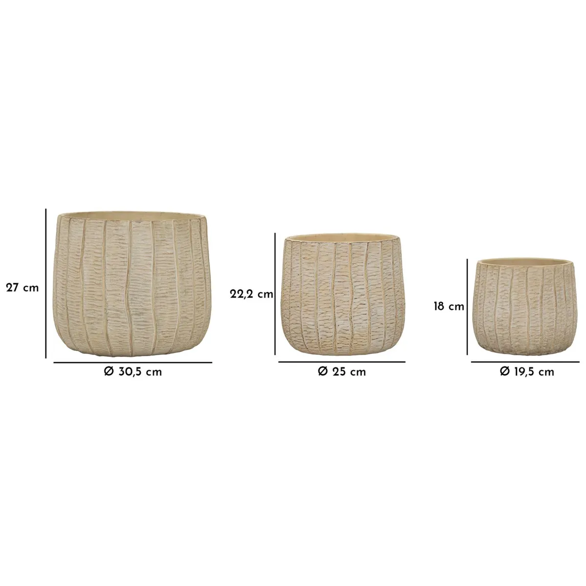 Oggettistica > Dmora Vaso Texture Verticale Effetto Legno Diametro Vaso Grande: 26.5, Vaso Medio: 20.5, Vaso Piccolo: 16.5 cm, - Bava Beige