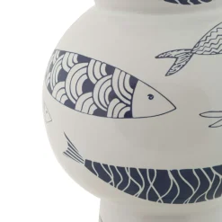Oggettistica > Dmora Vaso Bianco blu Disegni con Pesci Colore Struttura blu, - Silva Blu, Bianco