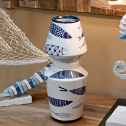 Oggettistica > Dmora Vaso Bianco blu Disegni con Pesci Colore Struttura blu, Diametro 6 cm - Aurel Blu, Bianco