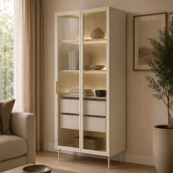 Vetrine > Dmora Vetrina Beige Cashmere Trasparente 4 Ripiani 2 Cassetti 92x39x195h cm, 2 Ante - Lafafasa Trasparente, Beige Cashmere