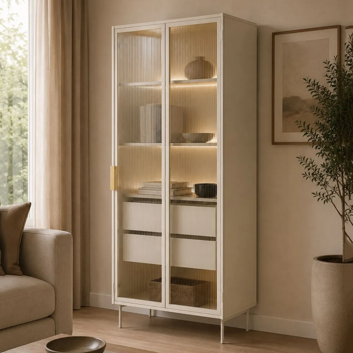 Vetrine > Dmora Vetrina Beige Cashmere Trasparente 4 Ripiani 2 Cassetti 92x39x195h cm, 2 Ante - Lafafasa Trasparente, Beige Cashmere