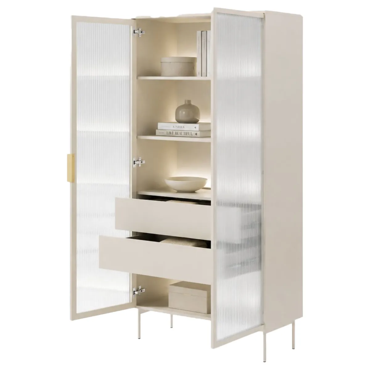 Vetrine > Dmora Vetrina Beige Cashmere Trasparente 4 Ripiani 2 Cassetti 92x39x195h cm, 2 Ante - Lafafasa Trasparente, Beige Cashmere