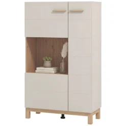 Vetrina Beige Marrone Rovere Nodi 2 Ripiani Apertura Battente 77x35x127.5h cm, 2 Ante - Mezzago