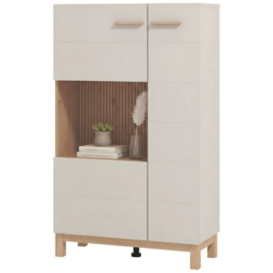 Vetrina Beige Marrone Rovere Nodi 2 Ripiani Apertura Battente 77x35x127.5h cm, 2 Ante - Mezzago