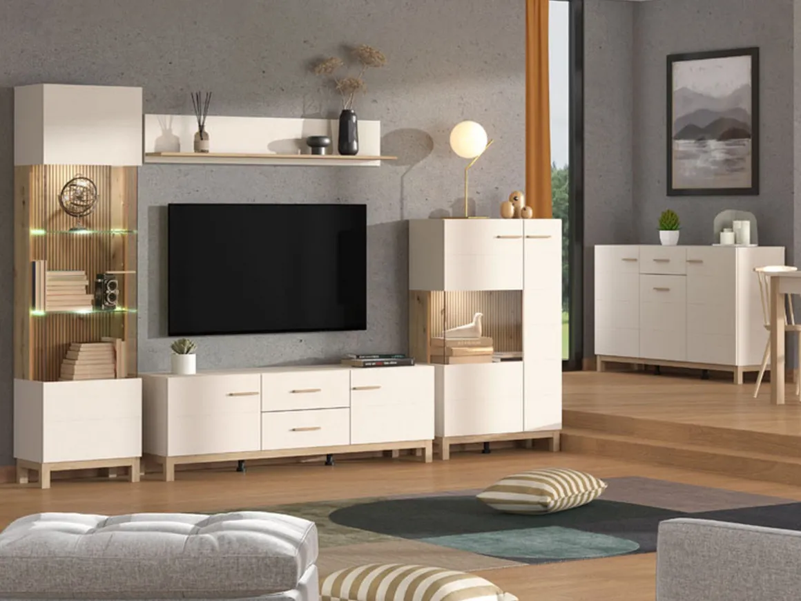Vetrina Beige Marrone Rovere Nodi 2 Ripiani Apertura Battente 77x35x127.5h cm, 2 Ante - Mezzago