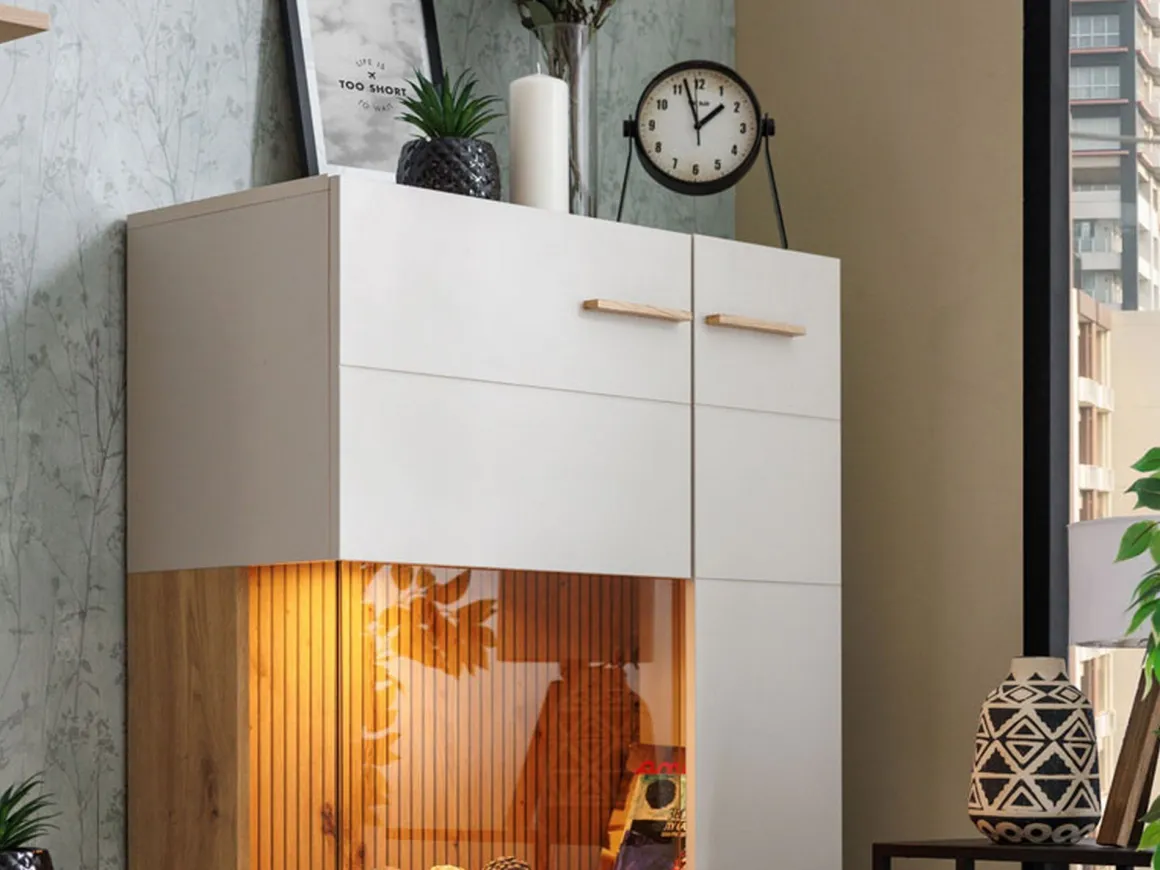 Vetrina Beige Marrone Rovere Nodi 2 Ripiani Apertura Battente 77x35x127.5h cm, 2 Ante - Mezzago