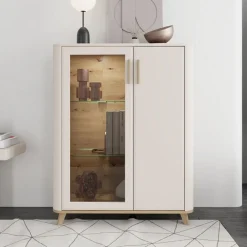 Vetrina Beige Marrone Rovere Nodi 4 Ripiani Apertura Battente 90x40x116.5h cm, 2 Ante - Castella