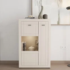 Vetrina Beige Nero 2 Ripiani 2 Ante 83.5x35x130h cm, 3 Vani - Imbaro