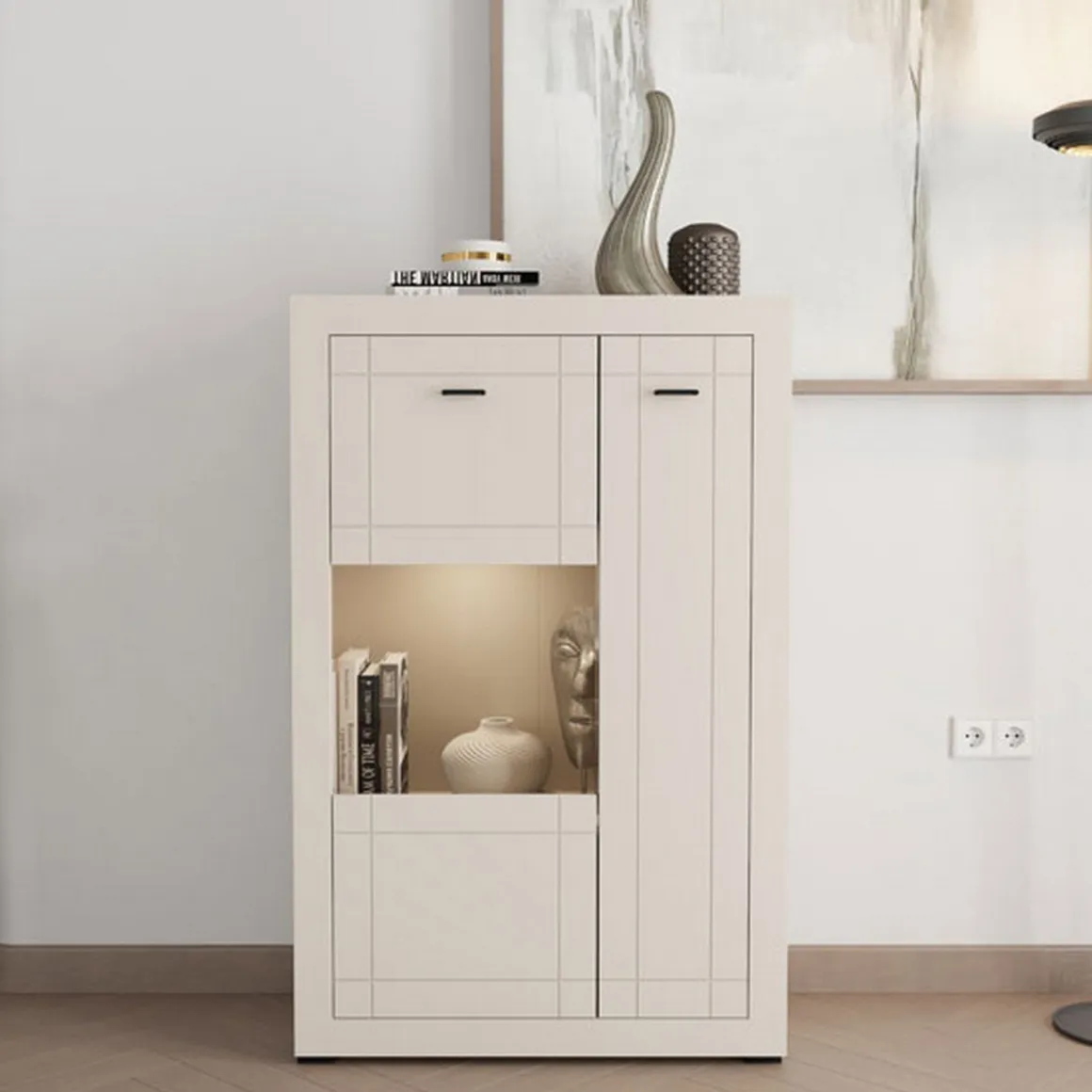 Vetrina Beige Nero 2 Ripiani 2 Ante 83.5x35x130h cm, 3 Vani - Imbaro