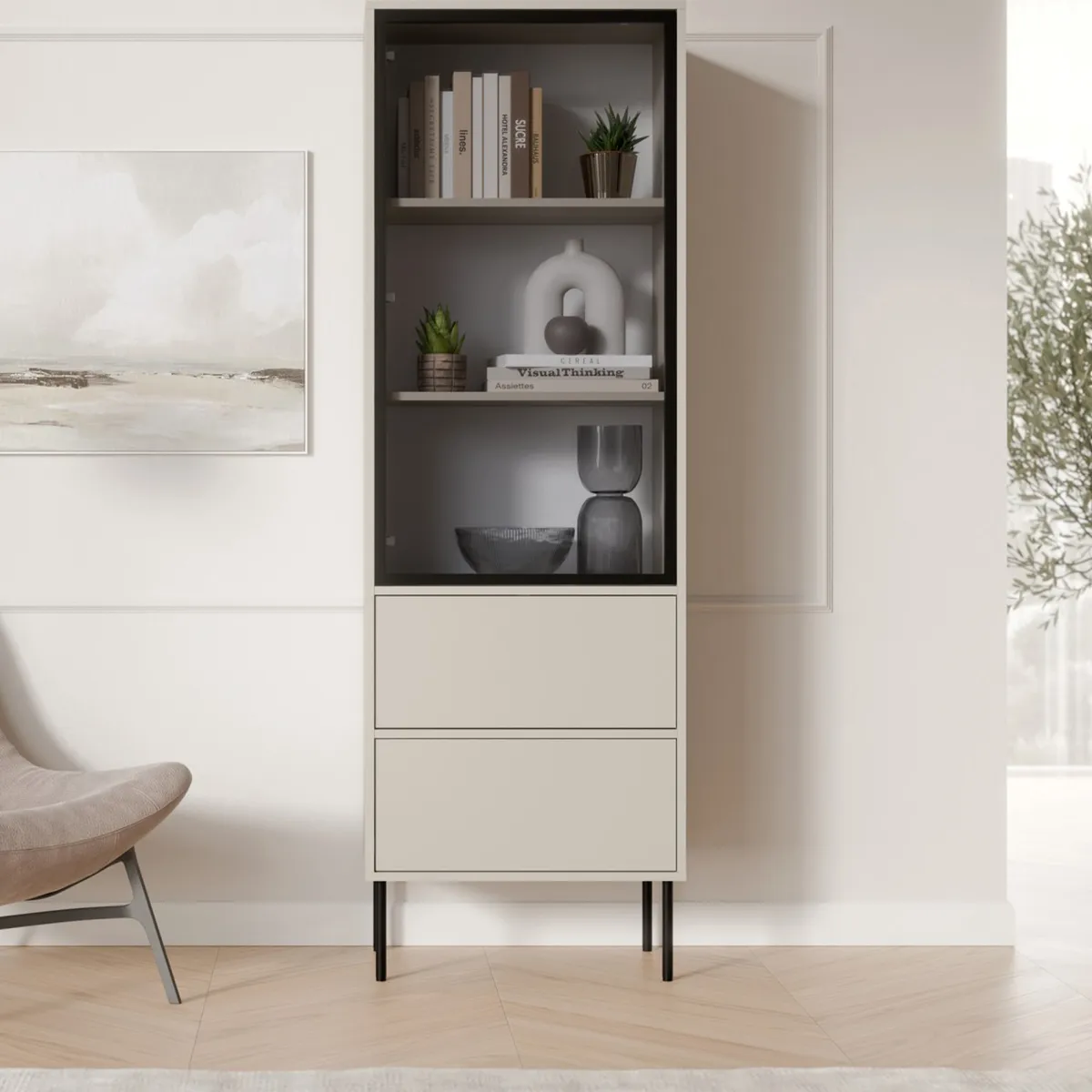 Vetrine > Dmora Vetrina Beige Nero 2 Ripiani 2 Cassetti 60x40x185h cm, Un'anta - Zanica Nero, Beige Cashmere