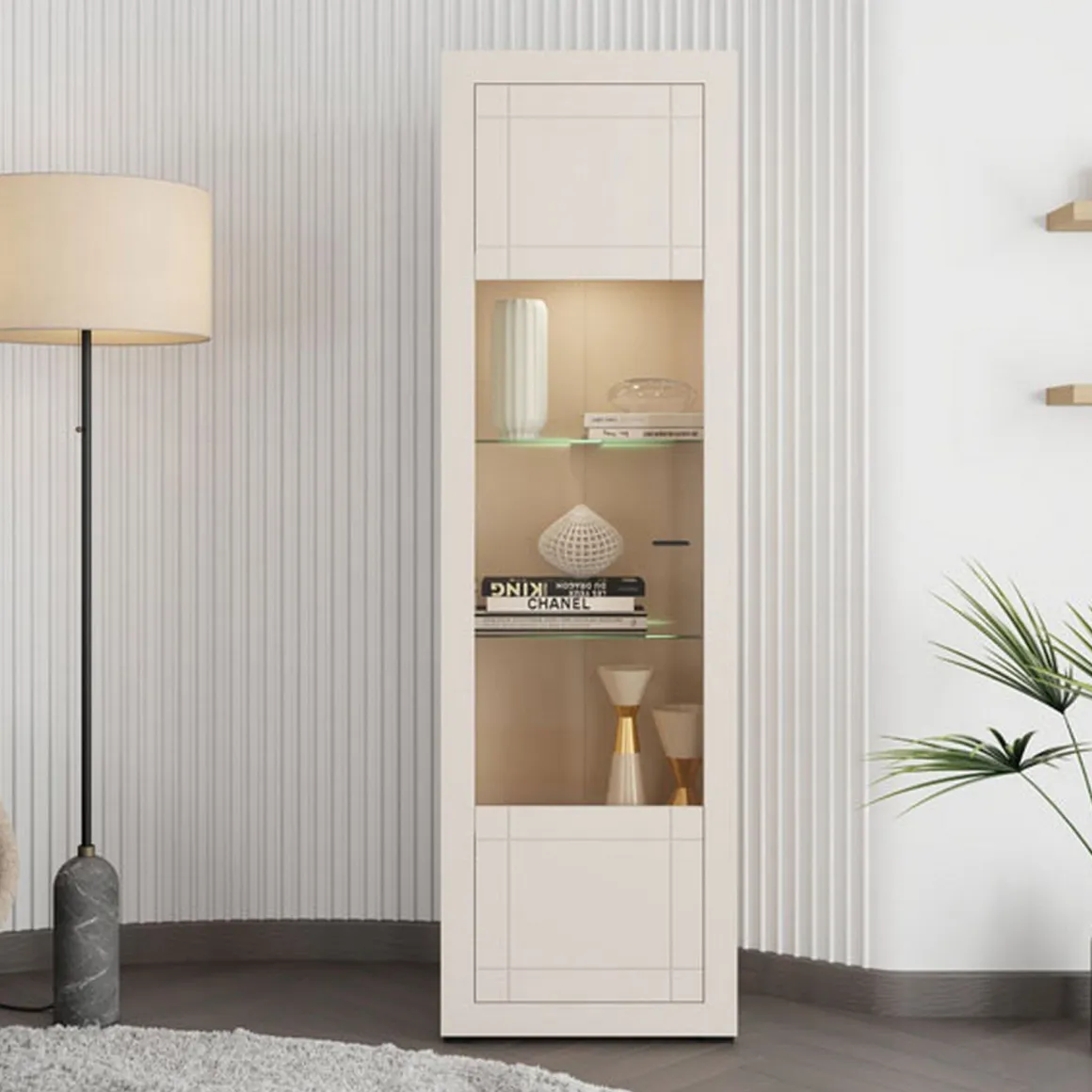 Vetrina Beige Nero 4 Ripiani Un'anta 58x35x194h cm, 5 Vani - Palena