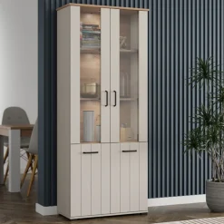 Vetrine > Dmora Vetrina Bianco Crema Marrone Rovere Nodi 4 Ripiani Un'anta 50x36x191h cm, con Piedini, Anta Dettaglio Vetro - Entrac Marrone Rovere nodi, Bianco Crema