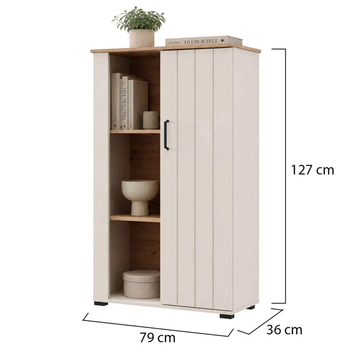 Vetrina Bianco Crema Marrone Rovere Nodi 4 Ripiani Un'anta 79x36x127h cm, 6 Vani - Farra