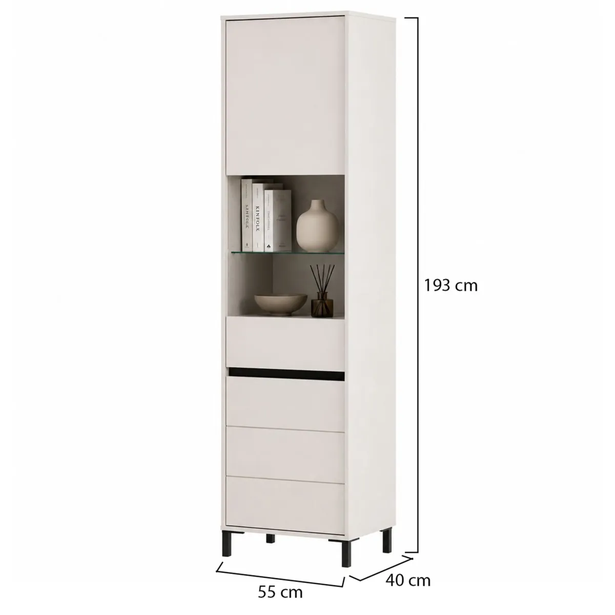 Vetrine > Dmora Vetrina Bianco Crema Nero 4 Ripiani 2 Ante 55x40x193h cm, con Piedini, Anta e Ripiano Dettaglio Vetro - Ovodda Nero, Bianco Crema