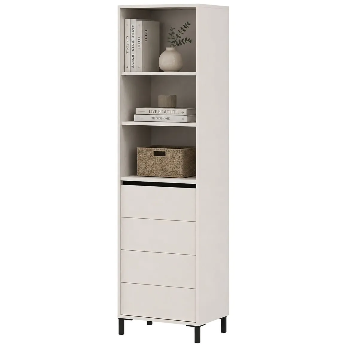 Vetrina Bianco Crema Nero 4 Ripiani Apertura Battente 55x40x193h cm, Un'anta - Calto