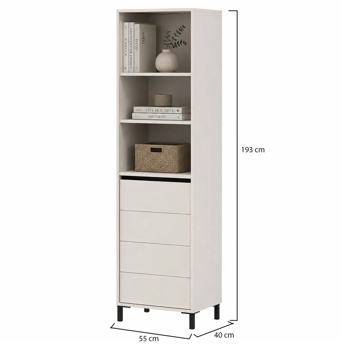 Vetrina Bianco Crema Nero 4 Ripiani Apertura Battente 55x40x193h cm, Un'anta - Calto