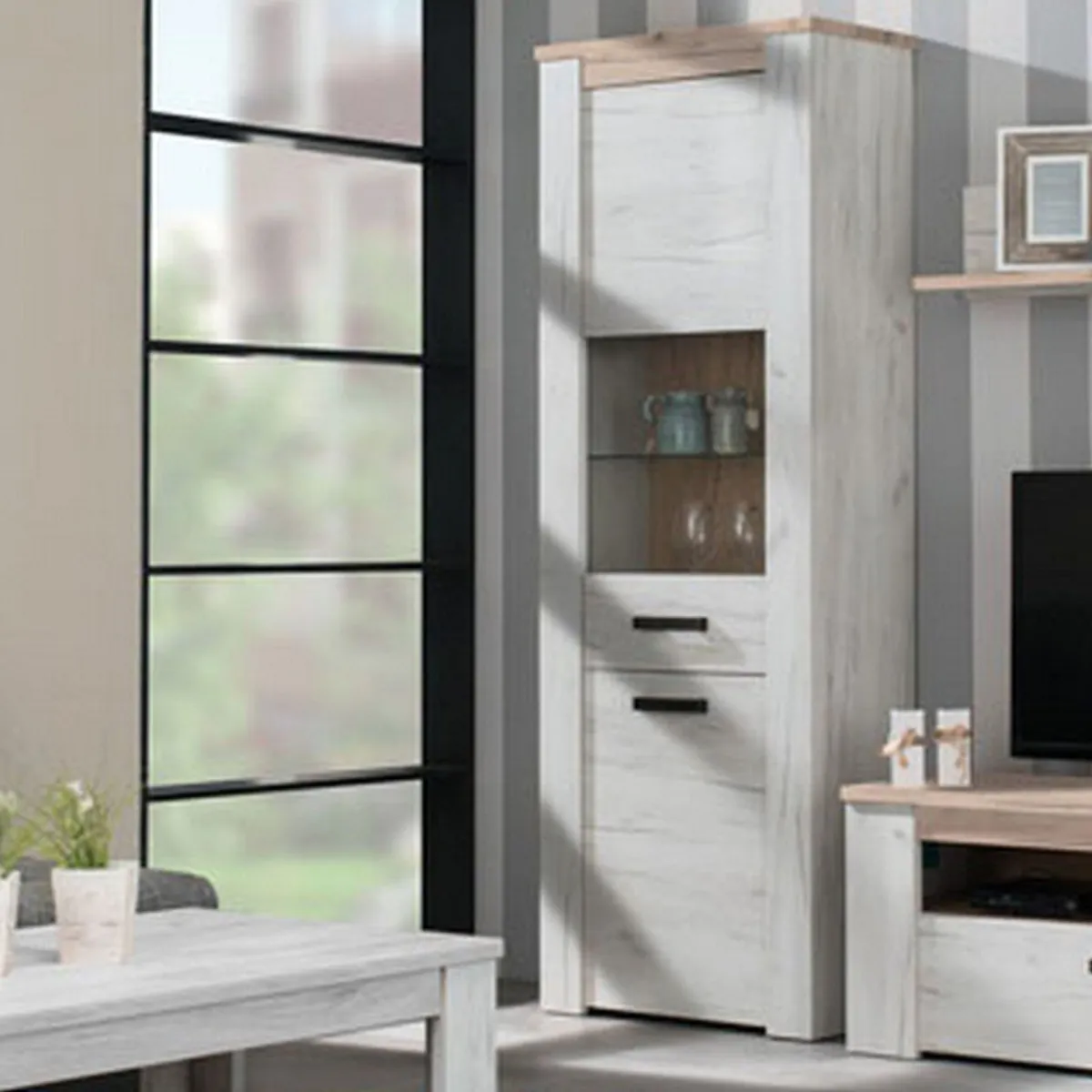 Vetrine > Dmora Vetrina Bianco Larice Marrone 4 Ripiani Apertura Battente 68.5x36.5x195h cm, Un'anta - Sulbiate Marrone, Bianco Larice