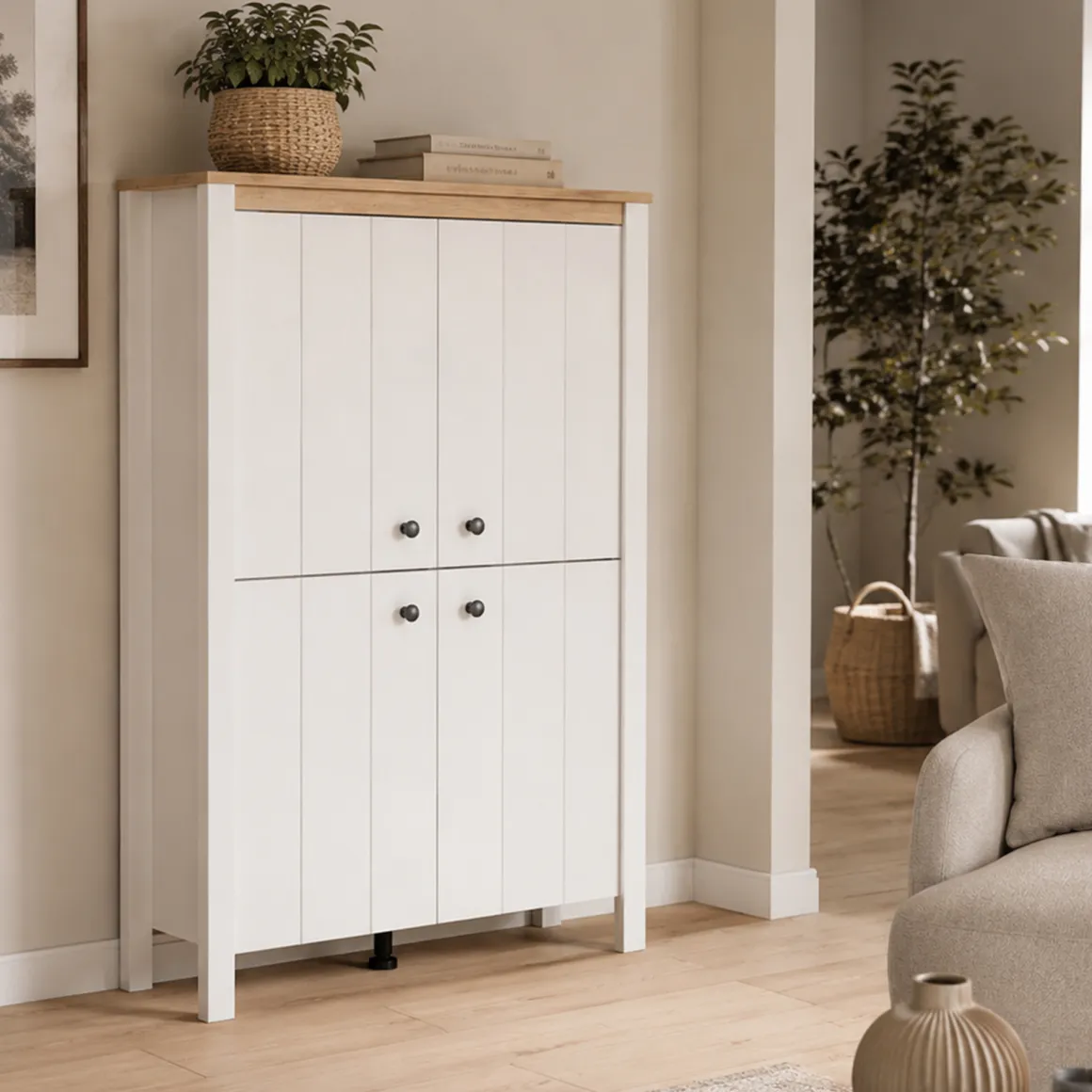 Vetrina Bianco Marrone Rovere Nodi 3 Ripiani 4 Ante 86x34x131h cm, con Piedini - Fonz