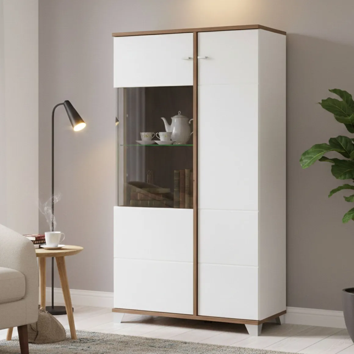 Vetrina Bianco Marrone Rovere Nodi 4 Ripiani Apertura Battente 78.5x40x143h cm, 2 Ante - Suello