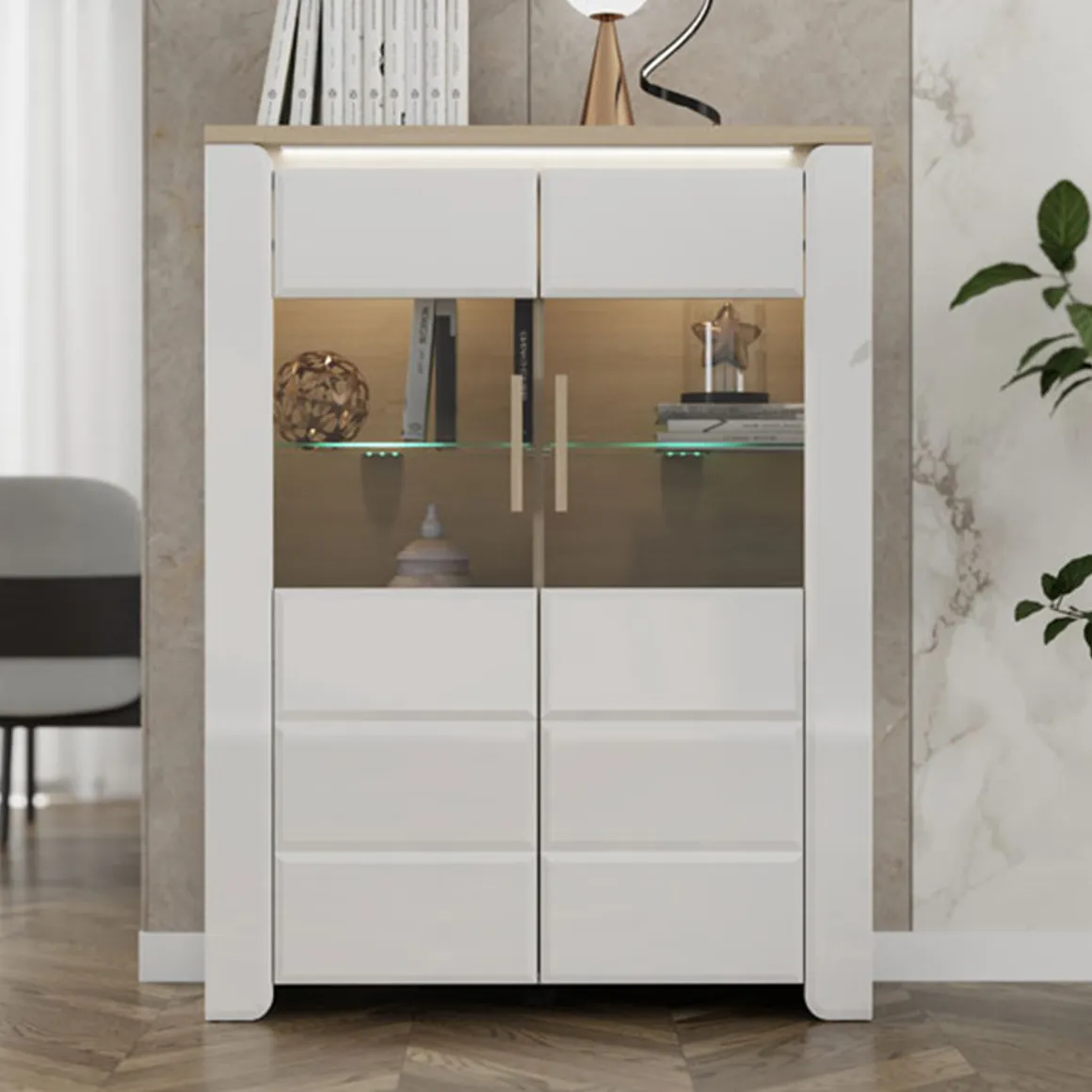 Vetrine > Dmora Vetrina Bianco Opaco Marrone Rovere Nodi 4 Ripiani 2 Ante 60x34x191h cm, con Piedini - Doreno Marrone Rovere nodi, Bianco Opaco