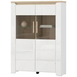 Vetrina Bianco Opaco Marrone Rovere 2 Ripiani 2 Ante 96x35x130h cm, Anta e Ripiani Dettaglio Vetro - Erto