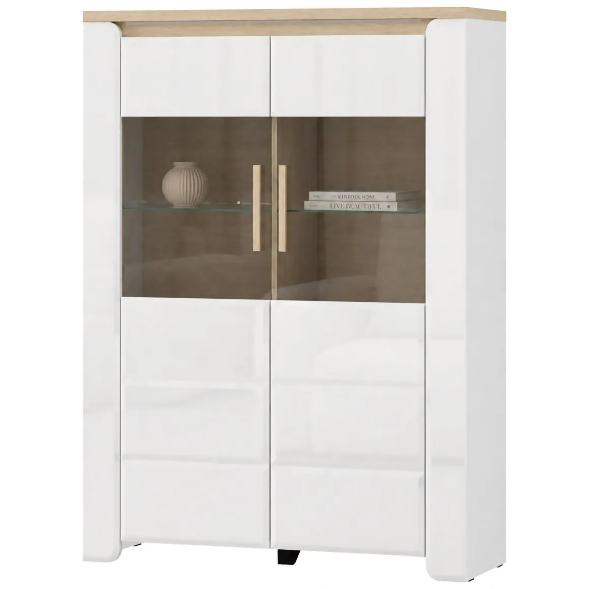 Vetrine > Dmora Vetrina Bianco Opaco Marrone Rovere Nodi 4 Ripiani 2 Ante 60x34x191h cm, con Piedini - Doreno Marrone Rovere nodi, Bianco Opaco
