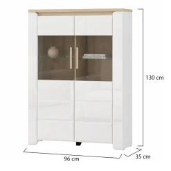 Vetrine > Dmora Vetrina Bianco Opaco Marrone Rovere Nodi 4 Ripiani 2 Ante 60x34x191h cm, con Piedini - Doreno Marrone Rovere nodi, Bianco Opaco