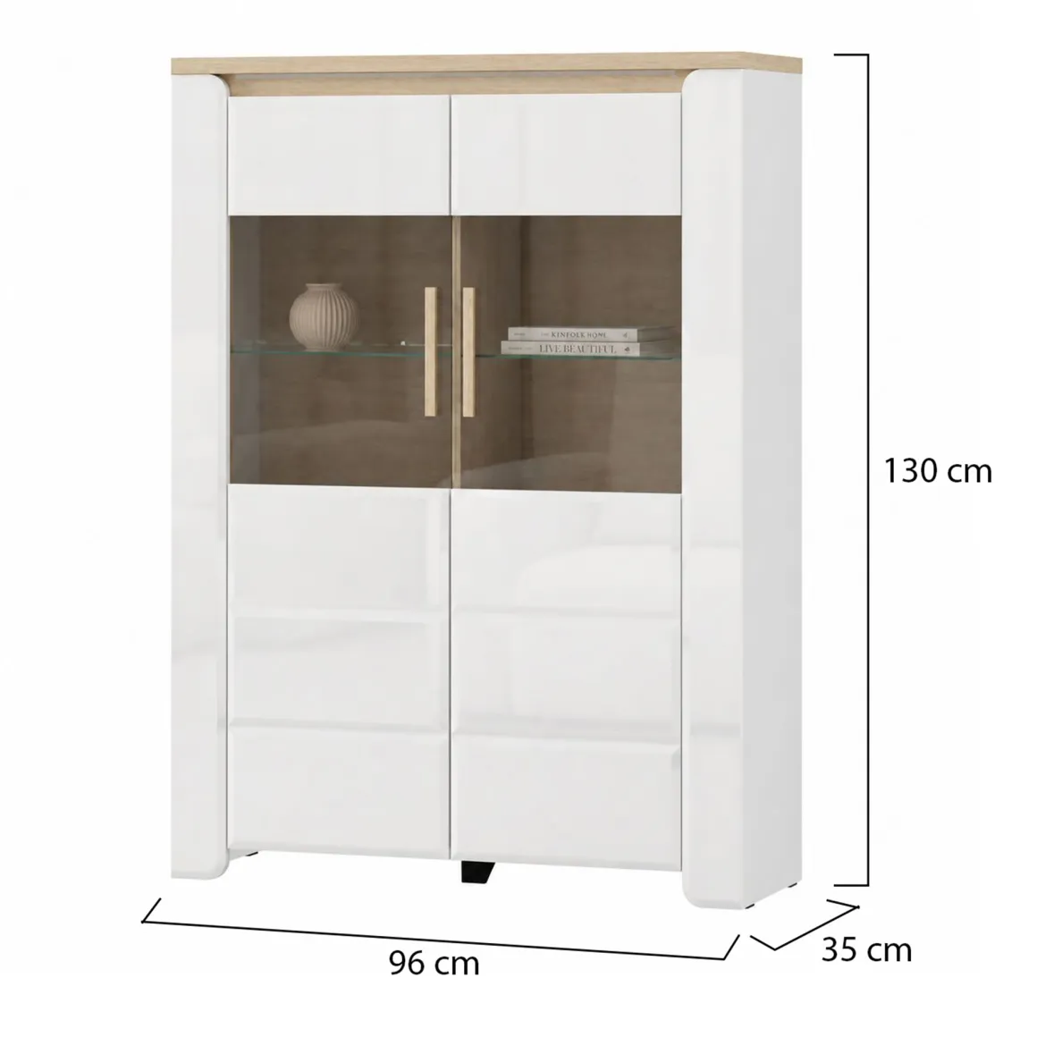 Vetrine > Dmora Vetrina Bianco Opaco Marrone Rovere Nodi 4 Ripiani 2 Ante 60x34x191h cm, con Piedini - Doreno Marrone Rovere nodi, Bianco Opaco