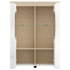 Vetrine > Dmora Vetrina Bianco Opaco Marrone Rovere Nodi 4 Ripiani 2 Ante 60x34x191h cm, con Piedini - Doreno Marrone Rovere nodi, Bianco Opaco