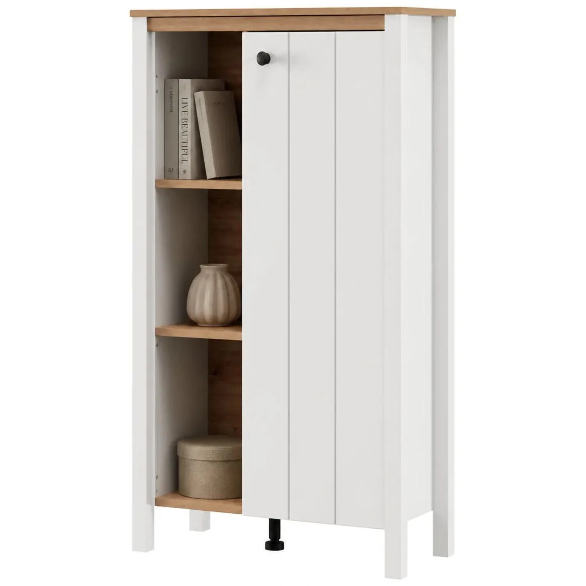 Vetrina Bianco Opaco Marrone Rovere Nodi 4 Ripiani Un'anta 73x34x118h cm, con Piedini - Galdo