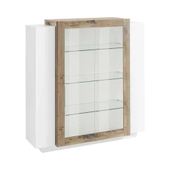 Vetrina Dlamagn, cm 120x45h115, Bianco lucido e Acero