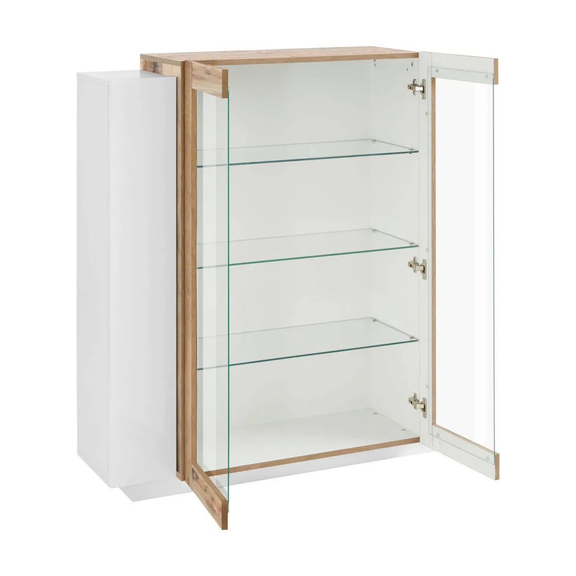 Vetrina Dlamagn, cm 120x45h115, Bianco lucido e Acero