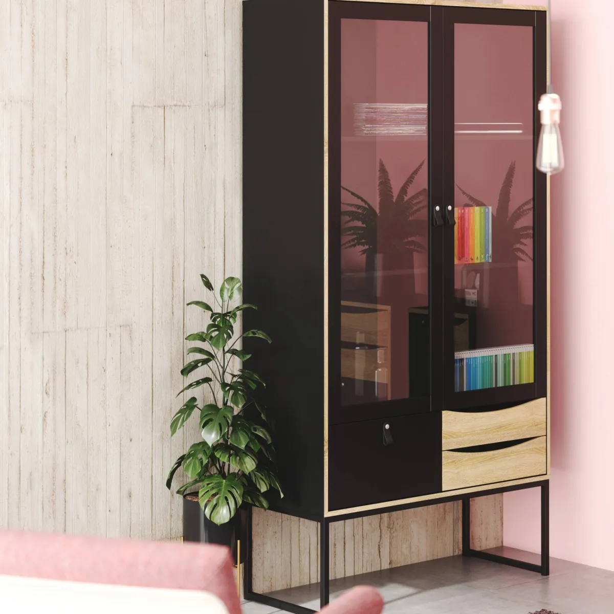 Vetrine > Dmora Vetrina Fabiola, Credenza espositiva, Vetrinetta multiuso, Madia da soggiorno, 40x99 h189 cm, Nero e Quercia Marrone, Nero Quercia
