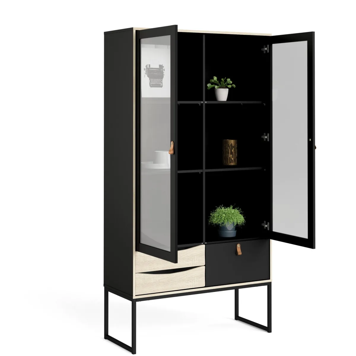 Vetrine > Dmora Vetrina Fabiola, Credenza espositiva, Vetrinetta multiuso, Madia da soggiorno, 40x99 h189 cm, Nero e Quercia Marrone, Nero Quercia