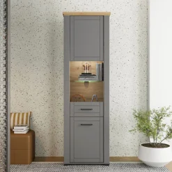 Vetrine > Dmora Vetrina Grigio Marrone Rovere Nodi 4 Ripiani Apertura Battente 60.5x41x194.5h cm, 2 Ante - Piscinas Marrone, Grigio Rovere Nodi