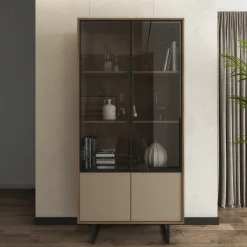 Vetrine > Dmora Vetrina Marrone Noce Beige 3 Ripiani 2 Ante 190x40x90h cm, Anta Dettaglio Vetro - Agro Beige, Marrone Noce