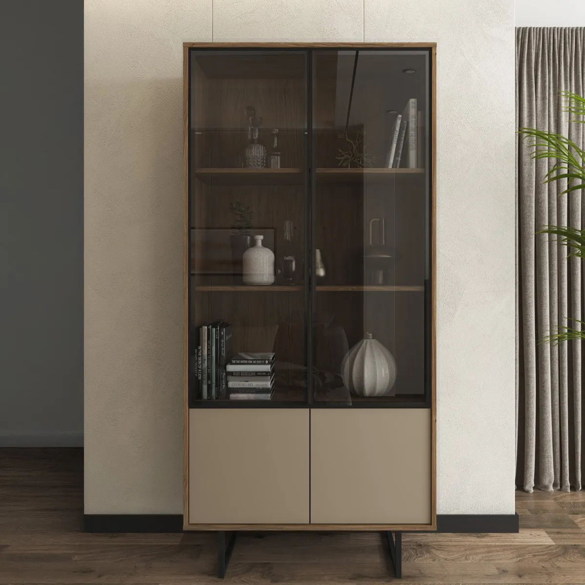 Vetrine > Dmora Vetrina Marrone Noce Beige 3 Ripiani 2 Ante 190x40x90h cm, Anta Dettaglio Vetro - Agro Beige, Marrone Noce