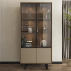 Vetrina Marrone Noce Beige 3 Ripiani 2 Ante 190x40x90h cm, Anta Dettaglio Vetro, con Luci led - Agro
