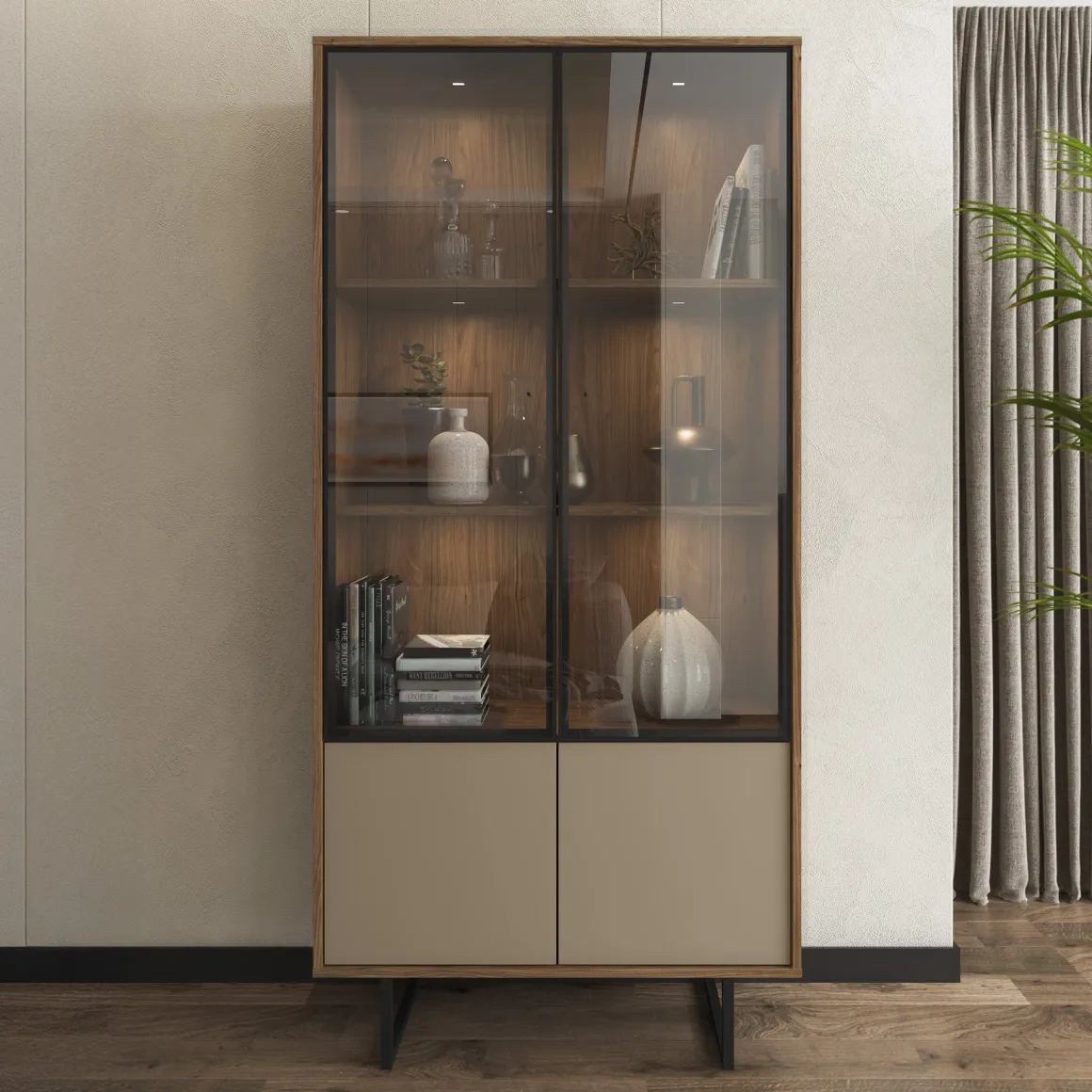 Vetrina Marrone Noce Beige 3 Ripiani 2 Ante 190x40x90h cm, Anta Dettaglio Vetro, con Luci led - Agro