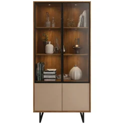 Vetrina Marrone Noce Beige 3 Ripiani 2 Ante 190x40x90h cm, Anta Dettaglio Vetro, con Luci led - Agro