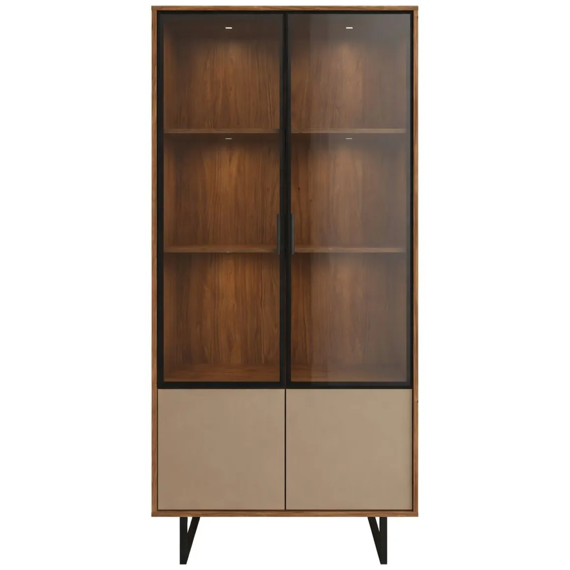 Vetrina Marrone Noce Beige 3 Ripiani 2 Ante 190x40x90h cm, Anta Dettaglio Vetro, con Luci led - Agro