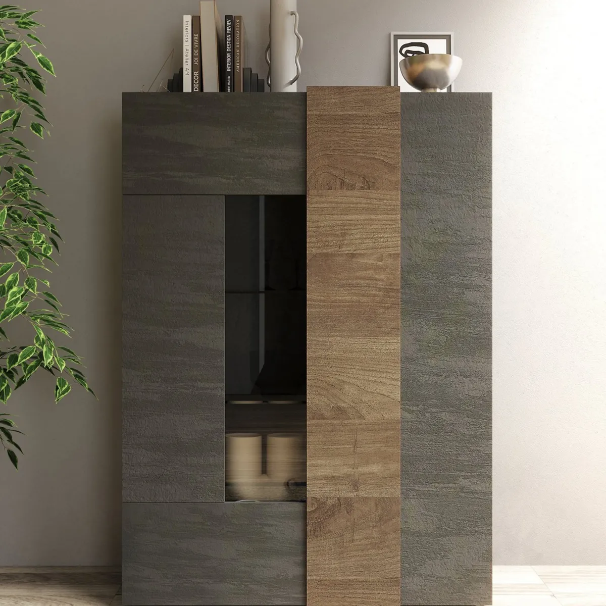 Vetrine > Dmora Vetrina Marrone Noce Marrone Rovere 8 Ripiani 2 Ante 121x44x169h cm, Apertura Standard - Valdagno Marrone Rovere, Marrone Noce