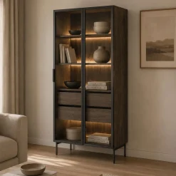 Vetrina Marrone Noce Trasparente 4 Ripiani 2 Cassetti 92x39x195h cm, 2 Ante - Lafafasa
