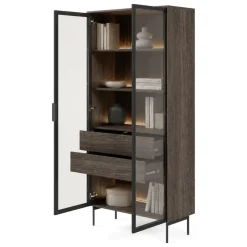 Vetrina Marrone Noce Trasparente 4 Ripiani 2 Cassetti 92x39x195h cm, 2 Ante - Lafafasa