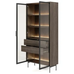 Vetrina Marrone Noce Trasparente 4 Ripiani 2 Cassetti 92x39x195h cm, 2 Ante - Lafafasa