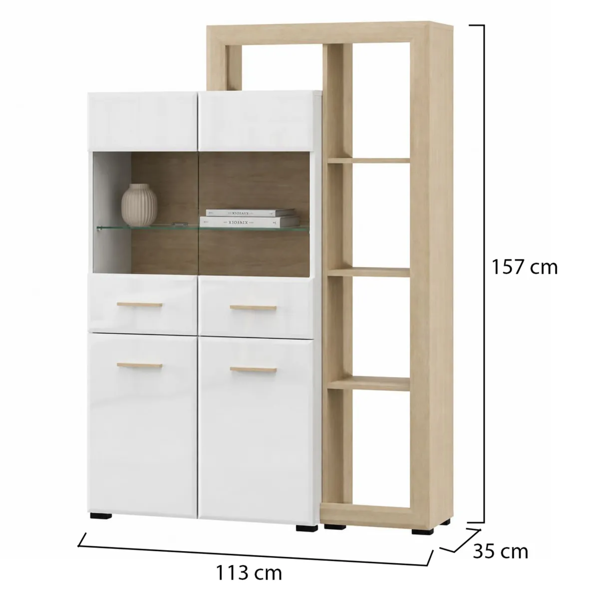 Vetrine > Dmora Vetrina Marrone Rovere Bianco Opaco 3 Ripiani 4 Ante 113x35x157h cm, con Piedini, Anta e Ripiano Dettaglio Vetro - Niel Bianco Opaco, Marrone Rovere