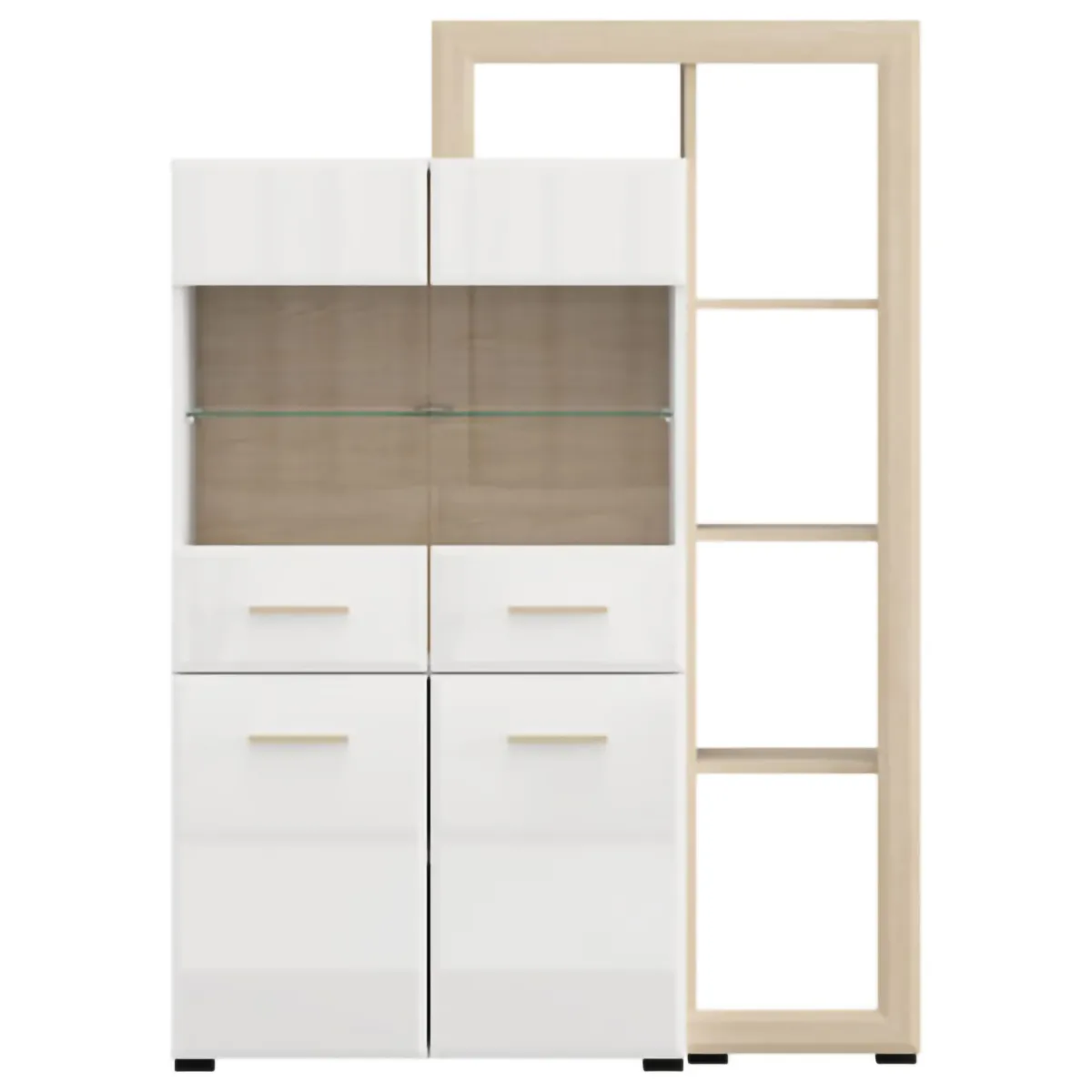 Vetrine > Dmora Vetrina Marrone Rovere Bianco Opaco 3 Ripiani 4 Ante 113x35x157h cm, con Piedini, Anta e Ripiano Dettaglio Vetro - Niel Bianco Opaco, Marrone Rovere