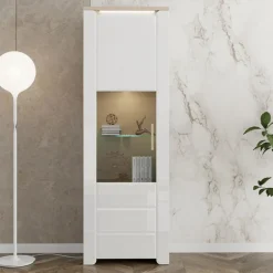 Vetrina Marrone Rovere Bianco Opaco 5 Ripiani Un'anta 64x35x194h cm, Anta e Ripiano Dettaglio Vetro - Cibiana
